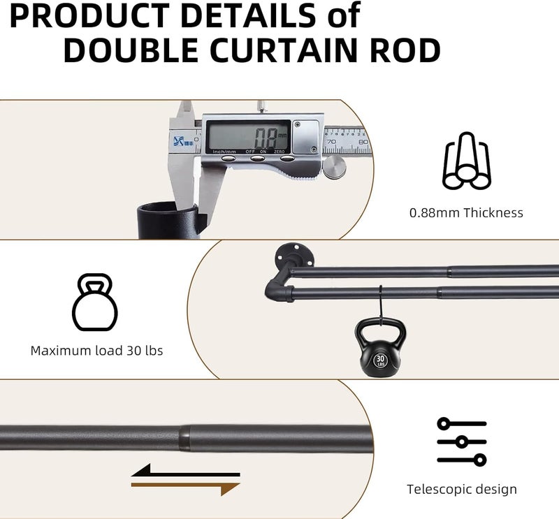 TwinkleTool Industrial Double Curtain Rods for Windows 31 to 95 Inch, Adjustable Telescoping 1 Inch Black Double Curtain Rod Set Heavy Duty Blackout Wrap Around Curtain Rods for Living room, Sliding Glass Door - Image 4